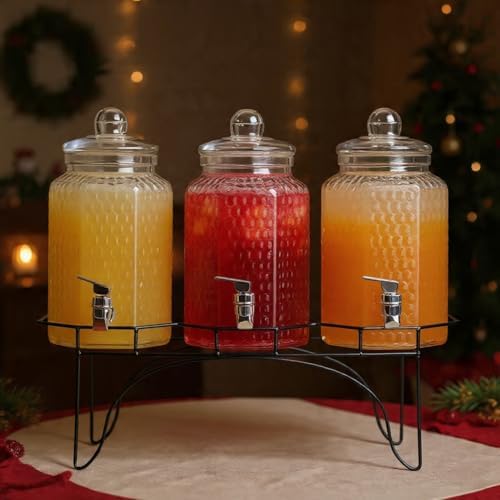 Drink Dispenser Set of 3 - Beverage Dispenser with Stand - Glass Drink Dispensers for Lemonade, Juice, Water, alternate view