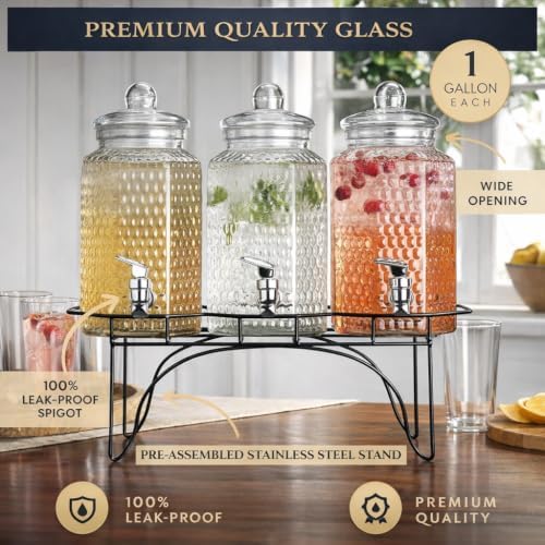 Drink Dispenser Set of 3 - Beverage Dispenser with Stand - Glass Drink Dispensers for Lemonade, Juice, Water, alternate view