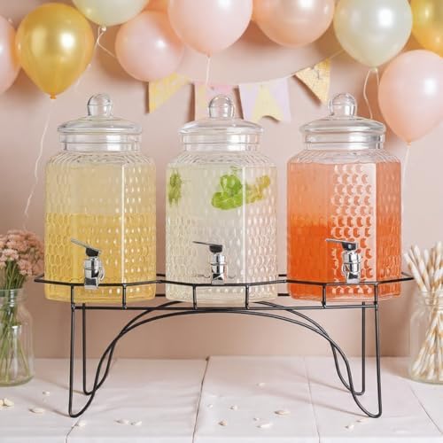 Drink Dispenser Set of 3 - Beverage Dispenser with Stand - Glass Drink Dispensers for Lemonade, Juice, Water, alternate view