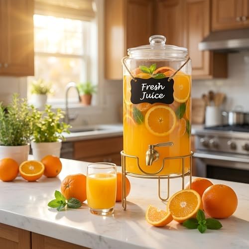 Drink Dispensers for Parties 1 Gallon, Bevarage Dispenser with Stand, Glass Drink Dispenser With Stainless Steel, alternate