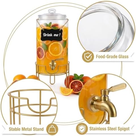 Drink Dispensers for Parties 1 Gallon, Bevarage Dispenser with Stand, Glass Drink Dispenser With Stainless Steel, alternate