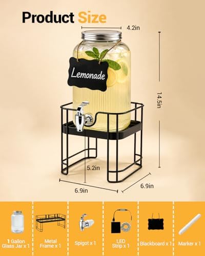 Drink Dispensers for Parties,1 Pack 1 Gallon Glass Jar with LED Stand, alternate view 3