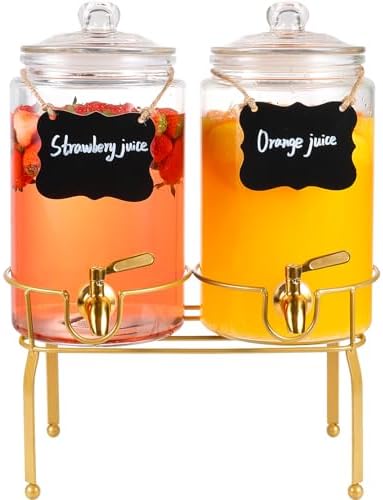 Drink Dispensers for Parties,2 Pack 1 Gallon Beverage Dispenser with Stand, Drink Dispenser With Glass Lid and