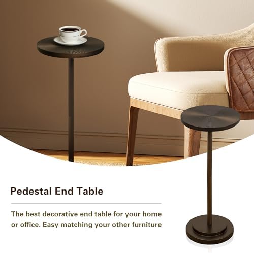 Drink Table Set of 2, Small Round Pedestal Side Table with Carved Top for Living Room, Bedroom, Small Space, alternate view 4