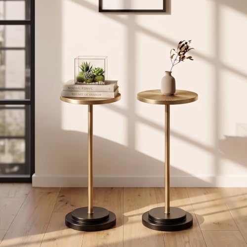 Drink Table Set of 2, Small Round Pedestal Side Table with Carved Top for Living Room, Bedroom, Small Space