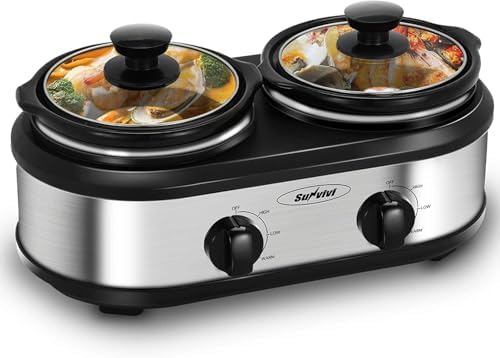 Dual Slow Cooker, Buffet Server and Food Warmer, Small Mini Pot with 3 Adjustable Temp & 2 Visible Glass Lids