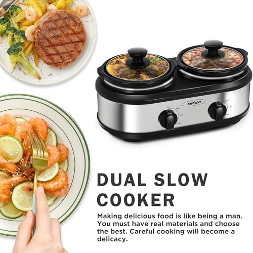 Dual Slow Cooker, Buffet Server and Food Warmer, Small Mini Pot with 3 Adjustable Temp & 2 Visible Glass Lids, alternate view