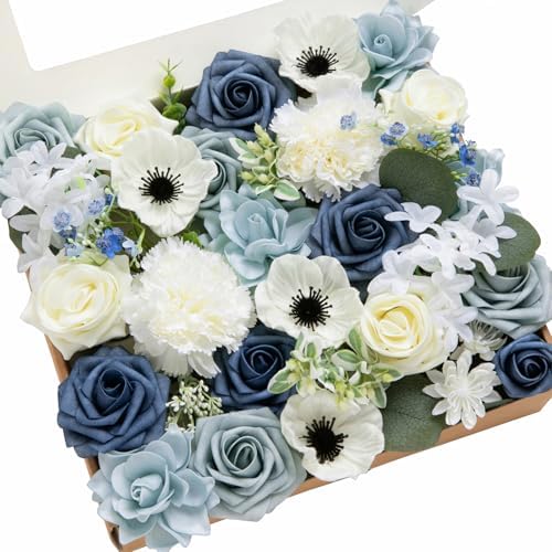 Dusty Blue Artificial Wedding Grand Flowers Combo, Navy White in Blu-dusty Blue & Navy & Ivory