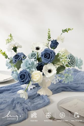 Dusty Blue Artificial Wedding Grand Flowers Combo, Navy White in Blu-dusty Blue & Navy & Ivory, alternate view 3