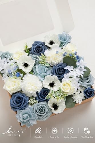 Dusty Blue Artificial Wedding Grand Flowers Combo, Navy White in Blu-dusty Blue & Navy & Ivory, alternate view 6
