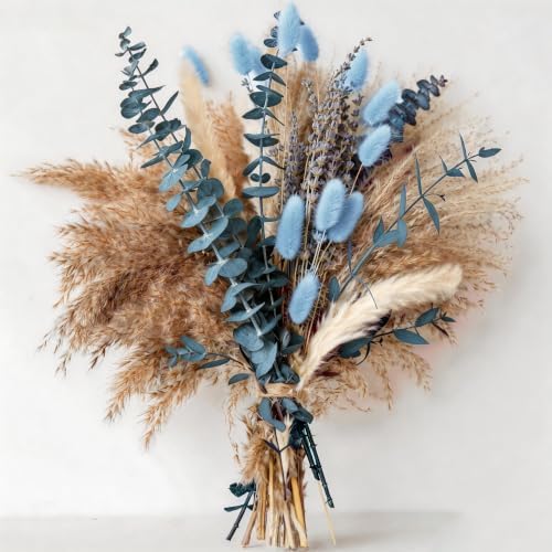Dusty Blue Dried Flower Bouquet with Pampas Grass, Bunny Tails, Lavender and Eucalyptus, Beige Boho Floral