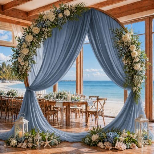 Dusty Blue Wedding Arch Draping Fabric Sheer Curtain Drapes 3 Panels | 20 ft Extra Long Shimmery Backdrop, alternate view 2