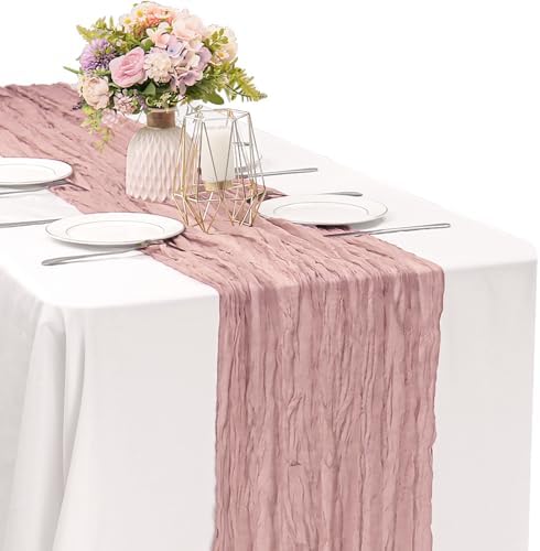 Dusty Pink 10FT Cheesecloth Table Runner Boho Gauze Fabric Table Runner Rustic Sheer Runner for Wedding Birthday