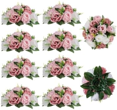 Dusty Pink Flower Centerpieces for Wedding: 10 Pcs, Faux Roses in 9.5"x4.75" in Dusty Rose-3 Colors