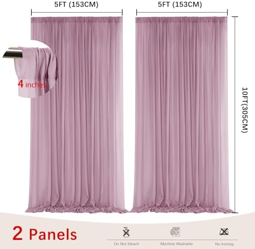Dusty Rose Backdrop Curtains for Parties, Chiffon Photo Backdrop Drapes 2 Panels 5x10FT Sheer Outdoor Curtain, alternate view