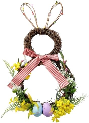 Easter Bunny Spring Wreath for Easter Decorations Artificial Easter Rabbit with Pastel Berries Eggs Raffia Bow