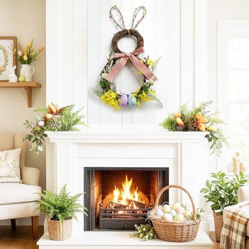Easter Bunny Spring Wreath for Easter Decorations Artificial Easter Rabbit with Pastel Berries Eggs Raffia Bow, alternate