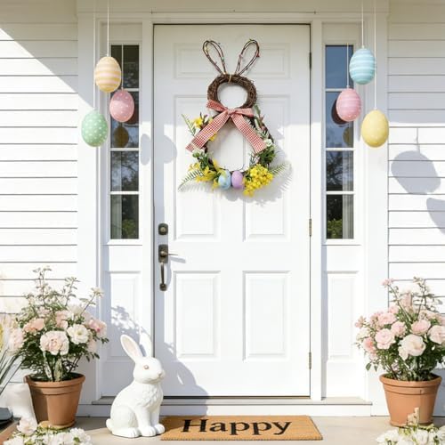 Easter Bunny Spring Wreath for Easter Decorations Artificial Easter Rabbit with Pastel Berries Eggs Raffia Bow, alternate