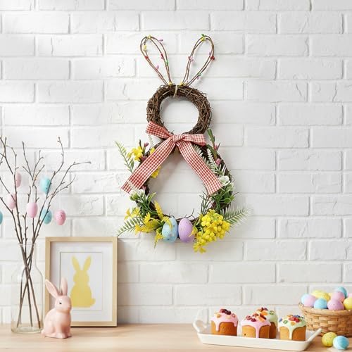 Easter Bunny Spring Wreath for Easter Decorations Artificial Easter Rabbit with Pastel Berries Eggs Raffia Bow, alternate
