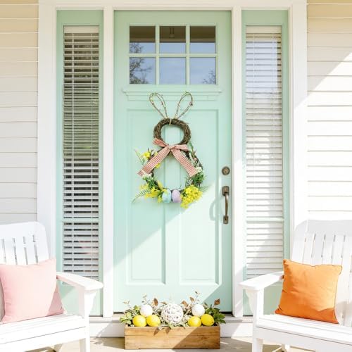 Easter Bunny Spring Wreath for Easter Decorations Artificial Easter Rabbit with Pastel Berries Eggs Raffia Bow, alternate