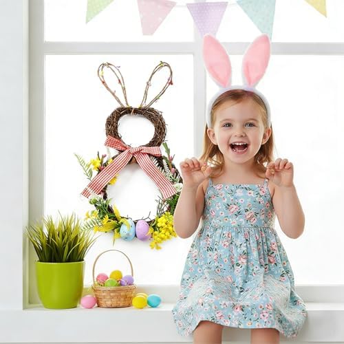 Easter Bunny Spring Wreath for Easter Decorations Artificial Easter Rabbit with Pastel Berries Eggs Raffia Bow, alternate