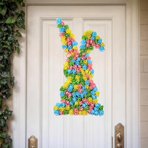 Easter Bunny Wreath for Front Door Flower Bunny Easter Decoration Shape Artificial Rose Wall Decor 23 Inch Large