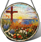 Easter Christian Cross and Floral Design Lake Suncatcher -7.9 in Stained Glass Window Hanging Sun Catcher Garden