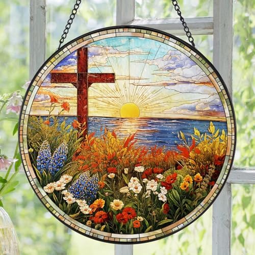Easter Christian Cross and Floral Design Lake Suncatcher -7.9 in Stained Glass Window Hanging Sun Catcher Garden, alternate