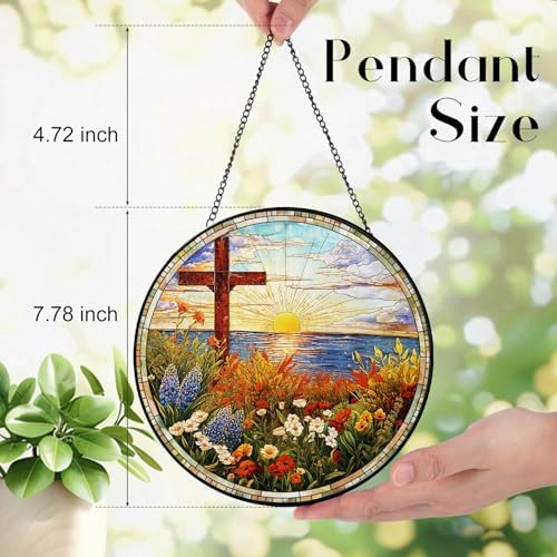 Easter Christian Cross and Floral Design Lake Suncatcher -7.9 in Stained Glass Window Hanging Sun Catcher Garden, alternate