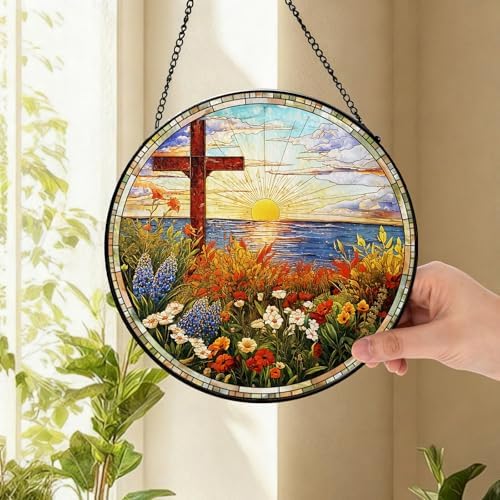 Easter Christian Cross and Floral Design Lake Suncatcher -7.9 in Stained Glass Window Hanging Sun Catcher Garden, alternate