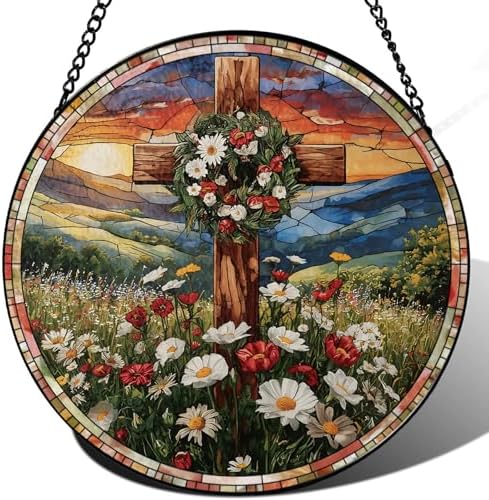 Easter Christian Cross and Wreath Design Suncatcher -7.9 in Stained Glass Window Hanging Sun Catcher Garden