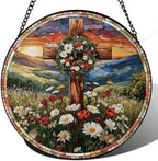 Easter Christian Cross and Wreath Design Suncatcher -7.9 in Stained Glass Window Hanging Sun Catcher Garden