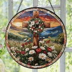 Easter Christian Cross and Wreath Design Suncatcher -7.9 in Stained Glass Window Hanging Sun Catcher Garden, alternate view 2