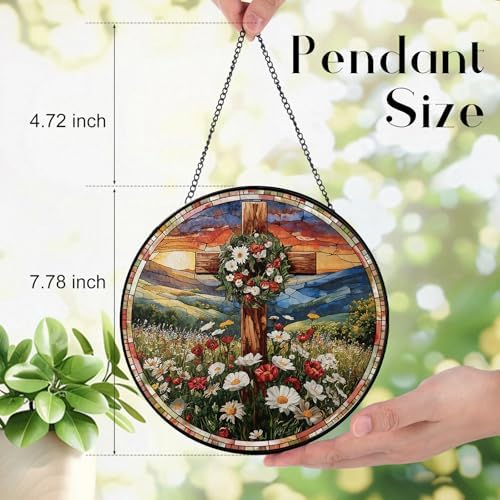 Easter Christian Cross and Wreath Design Suncatcher -7.9 in Stained Glass Window Hanging Sun Catcher Garden, alternate view 3