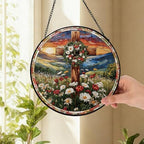 Easter Christian Cross and Wreath Design Suncatcher -7.9 in Stained Glass Window Hanging Sun Catcher Garden, alternate view 4