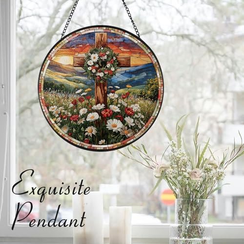 Easter Christian Cross and Wreath Design Suncatcher -7.9 in Stained Glass Window Hanging Sun Catcher Garden, alternate view 5