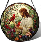 Easter Christian Memorial Jesus with Cardinals Suncatcher -7.9 in Stained Glass Window Hanging Sun Catcher
