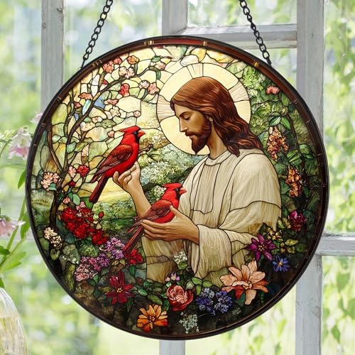 Easter Christian Memorial Jesus with Cardinals Suncatcher -7.9 in Stained Glass Window Hanging Sun Catcher, alternate view 2