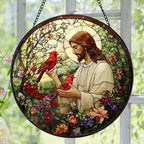Easter Christian Memorial Jesus with Cardinals Suncatcher -7.9 in Stained Glass Window Hanging Sun Catcher, alternate view 2