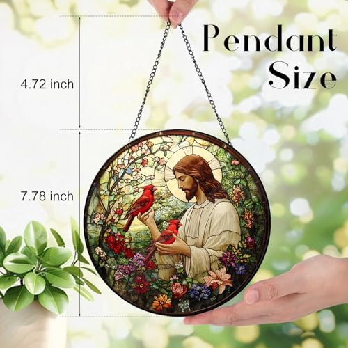Easter Christian Memorial Jesus with Cardinals Suncatcher -7.9 in Stained Glass Window Hanging Sun Catcher, alternate view 3