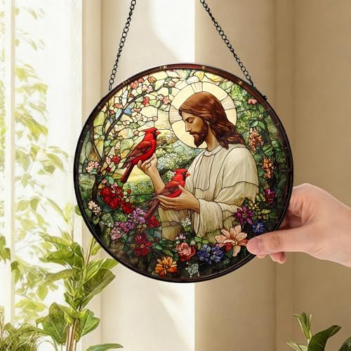 Easter Christian Memorial Jesus with Cardinals Suncatcher -7.9 in Stained Glass Window Hanging Sun Catcher, alternate view 4