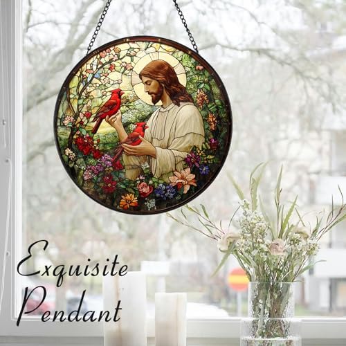Easter Christian Memorial Jesus with Cardinals Suncatcher -7.9 in Stained Glass Window Hanging Sun Catcher, alternate view 5