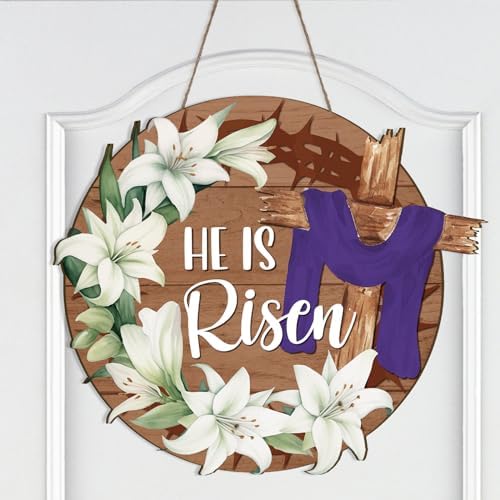 Easter Decorations for Home Religious He Is Risen Wreath for Front Door Decor Easter Wooden Cross Door Sign He