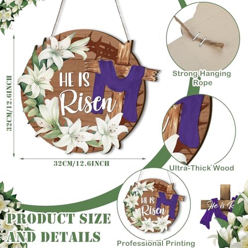 Easter Decorations for Home Religious He Is Risen Wreath for Front Door Decor Easter Wooden Cross Door Sign He, alternate
