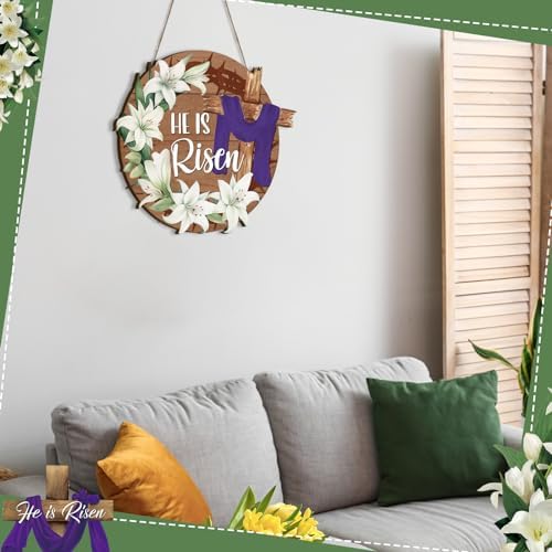 Easter Decorations for Home Religious He Is Risen Wreath for Front Door Decor Easter Wooden Cross Door Sign He, alternate