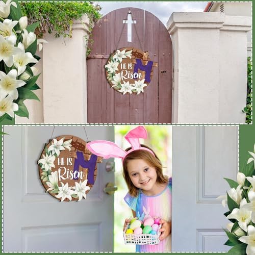 Easter Decorations for Home Religious He Is Risen Wreath for Front Door Decor Easter Wooden Cross Door Sign He, alternate