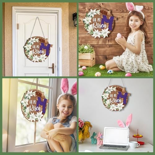 Easter Decorations for Home Religious He Is Risen Wreath for Front Door Decor Easter Wooden Cross Door Sign He, alternate