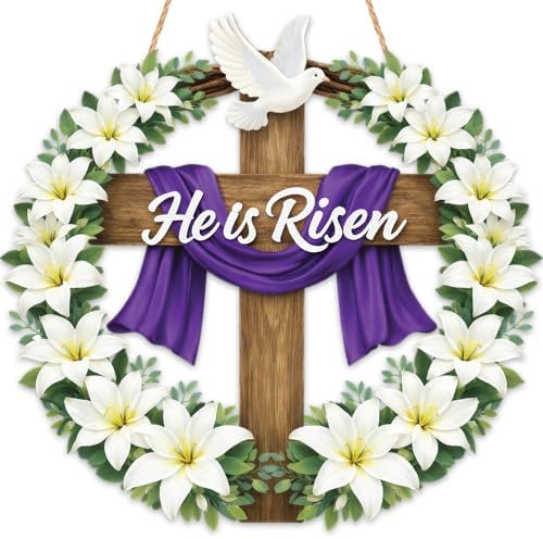 Easter Decorations He Is Risen Wooden Easter Wreath, Christian Easter Wreaths for Front Door, Religious Door