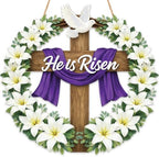 Easter Decorations He Is Risen Wooden Easter Wreath, Christian Easter Wreaths for Front Door, Religious Door