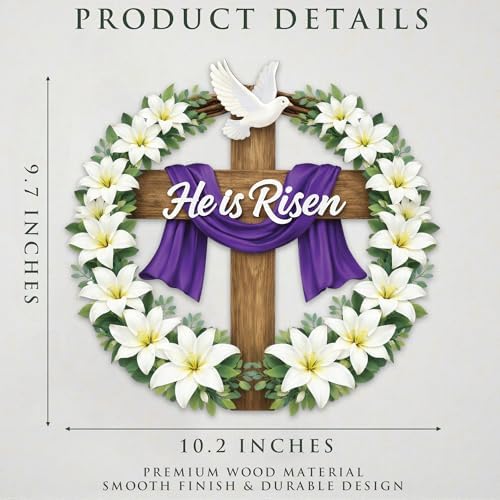 Easter Decorations He Is Risen Wooden Easter Wreath, Christian Easter Wreaths for Front Door, Religious Door, alternate view